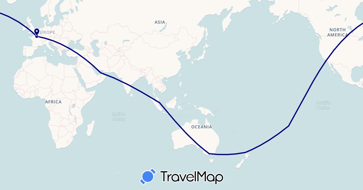 TravelMap itinerary: driving in United Arab Emirates, Australia, France, New Zealand, French Polynesia, Singapore, United States (Asia, Europe, North America, Oceania)